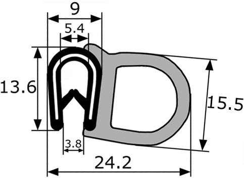 GP008 · 24x15,5mm Goma Estanqueidad de Puerta Lateral · PVC + EPDM (1)