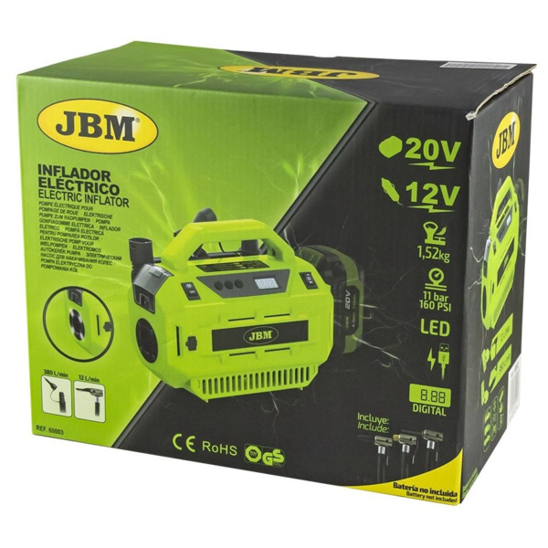 Compresor Aire a Batería JBM · 160 PSI 12V LED 11Bar + Adaptadores (4)