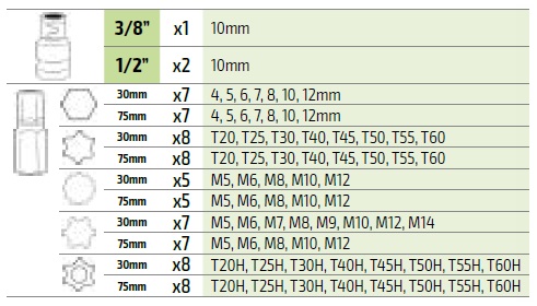 75 piezas - Estuche de puntas ribe, 12 cantos, torx, torx invertido y hexagonal