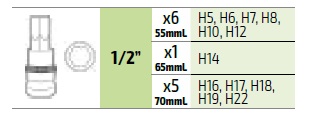 12 piezas - Estuche de puntas hexagonales de 1/2"