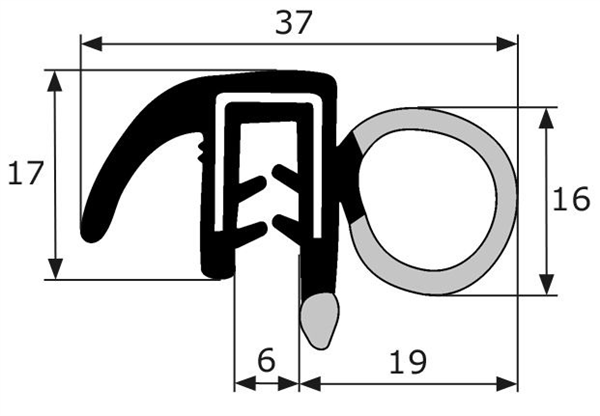 GP027 · 37x178mm Goma estanqueidad con pestaña lateral · Caucho EPDM (1)