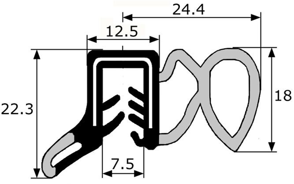 GP014 · 24,4x22,3mm Goma doble estanqueidad lateral para puerta Lateral · Caucho EPDM (1)