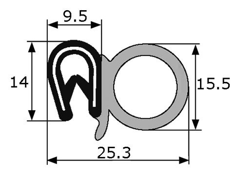 GP004 · 25,3x15,5mm Goma Estanqueidad de Puerta Lateral · Caucho EPDM (1)