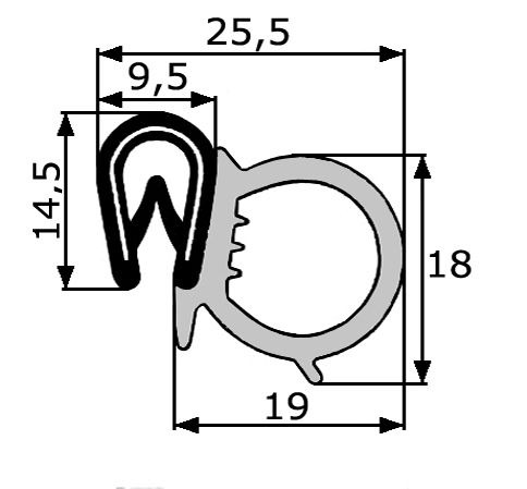 GP029 · 25,5x18mm Goma Estanqueidad Puerta Lateral · PVC + EPDM (1)