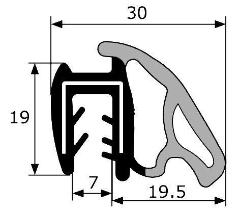 GP015 · 30x19mm Goma doble estanqueidad para puerta · Caucho EPDM (1)