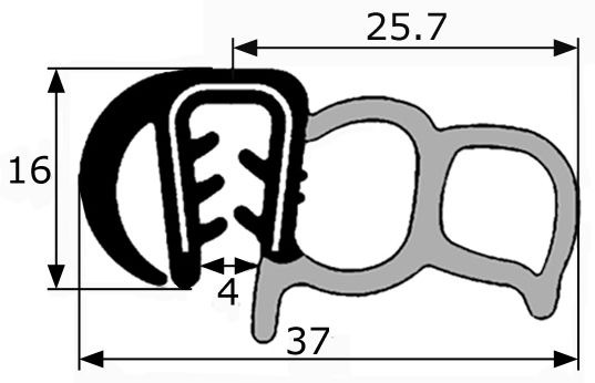 GP023 · 37x16mm Goma doble estanqueidad con pestaña lateral · Caucho EPDM (1)