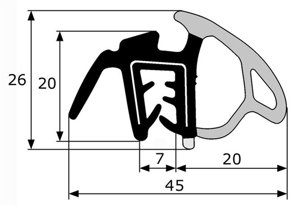 GP025 · 45x26mm Goma estanqueidad con pestaña lateral · Caucho EPDM (1)