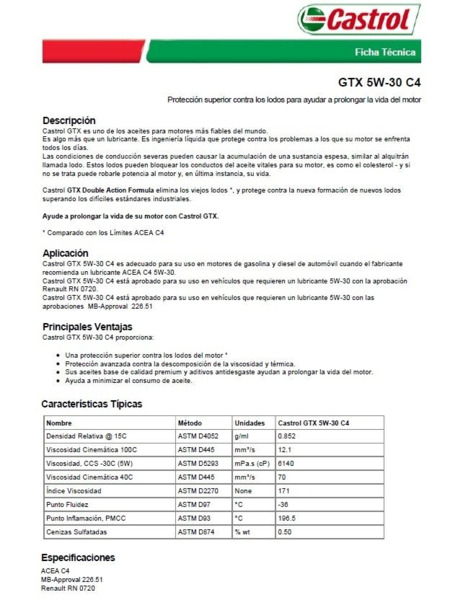 Aceite Castrol GTX 5W30 · Acea C4 RN0720 · 5 litros (3)