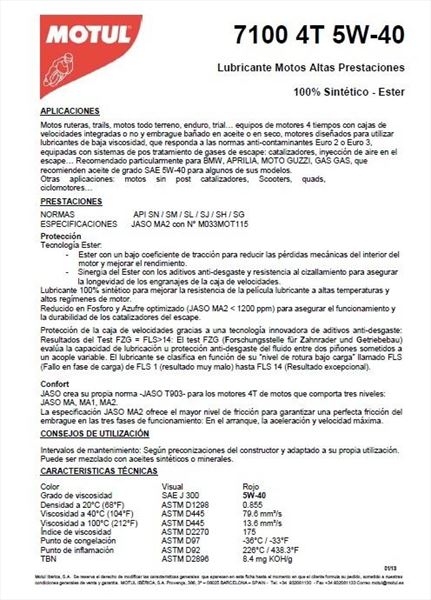 5W40 Motul 7100 Aceite Moto 4T · 100% Sintético (1)