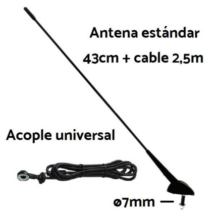 Antena 43cm + Cable 2,5m. Fijación universal ø7mm