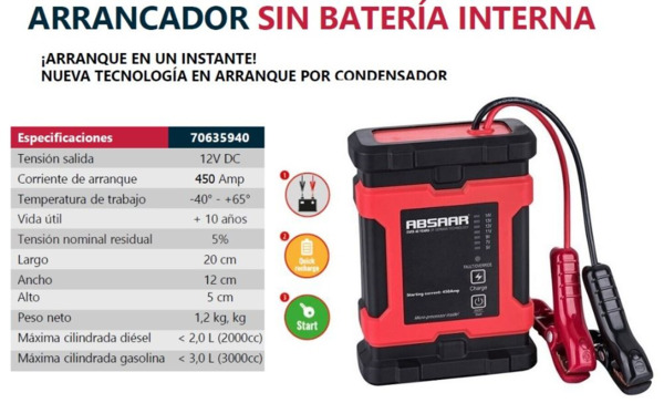 Arrancador de Baterías Portátil 450A Absaar · Sin Batería Interna (2)