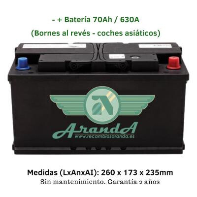 Batería 12V 70Ah Arranque 630A -/+ (Bornes al revés)