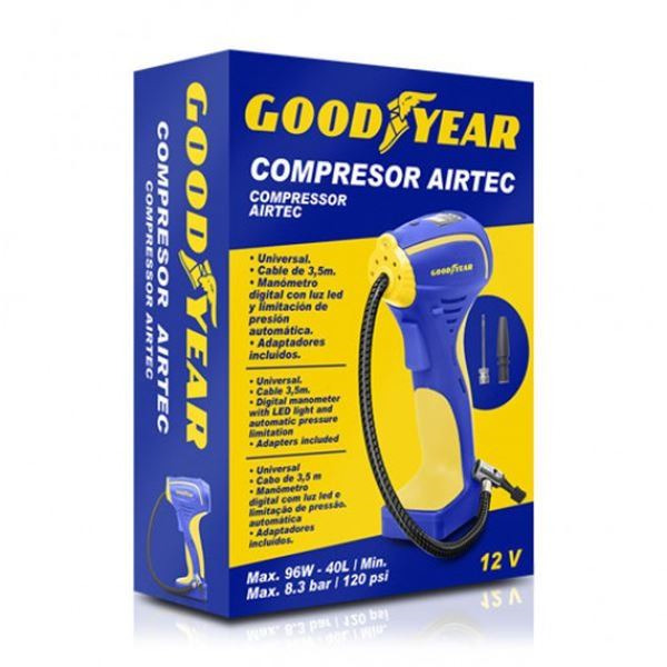 Compresor AirTec Goodyear 120 PSI 12V  8,3Bar + Adaptadores (2)