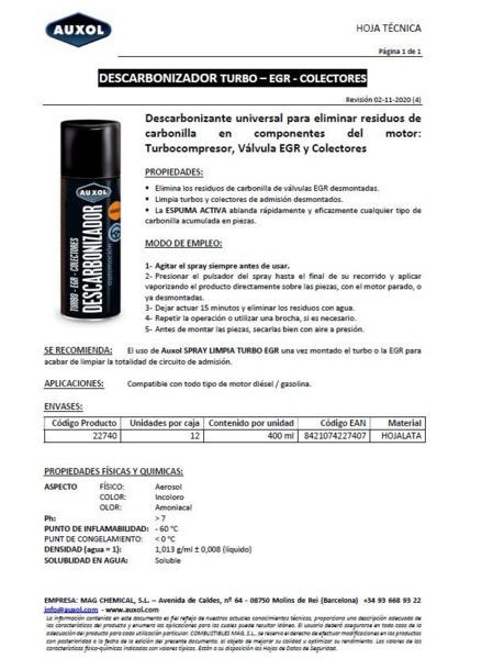 Descarbonizador Turbo EGR Colectores Auxol · Espuma Activa 400ml (1)