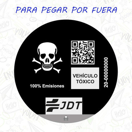 Etiqueta Medioambiental Calavera · Distintivo vehículo tóxico JDT · Adhesivo  ø10cm