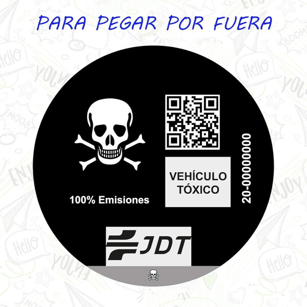 Etiqueta Medioambiental Calavera · Distintivo vehículo tóxico JDT · Adhesivo  ø10cm