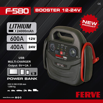 F-580 PRO 600/400A · Arrancador de Batería Portátil FERVE 12/24V · Multifunción