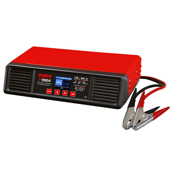 F-9124 · 5-10-30-60-100A Cargador Ferve · Baterías 12V/24V de 14 a 1000 Ah