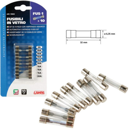 Juego 10 Fusibles de Vidrio 32mm · Amperajes Surtidos