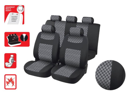 Juego Fundas Asiento. Diseño Avignon ajedrez. Negro+Gris