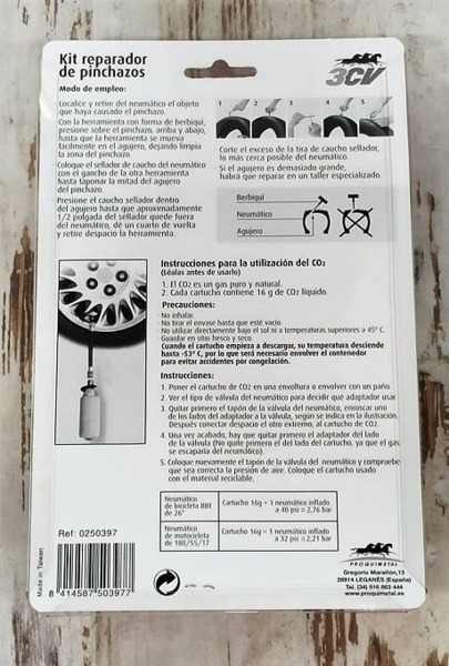 Kit Reparación de Pinchazos 3CV · Herramientas + Cartuchos gas CO2 (1)