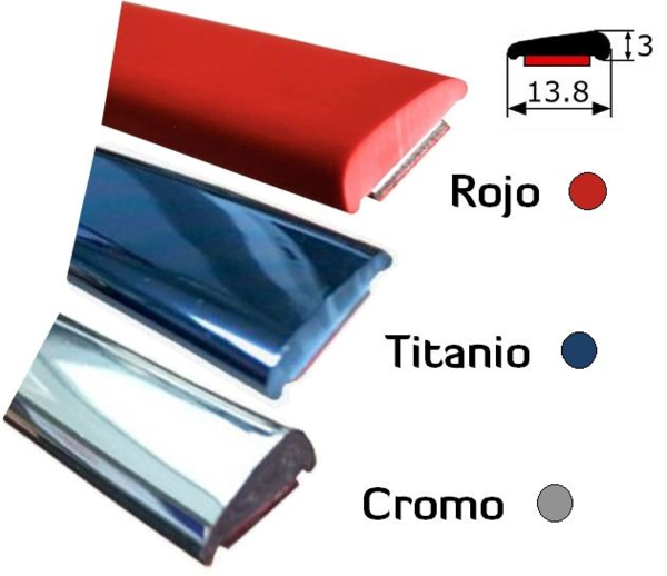 MA016/7/8 · 13,8x3mm Moldura Embellecedor Autoadhesivo · Colores Cromo/Rojo/Titanio