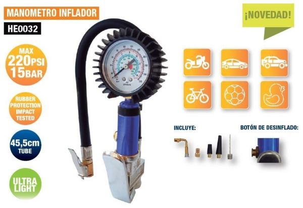 Manómetro Inflador + Accesorios · 15bar 220psi · Hinchador Ultraligero (2)