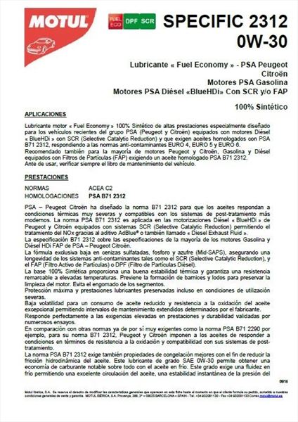 Motul 0W30 Specific PSA 2312 Citroen/Peugeot · 5 Litros (1)
