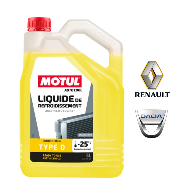 Motul Auto Cool Type D · Renault y Dacia · Organic Tech · -25ºC Amarillo · 5 litros