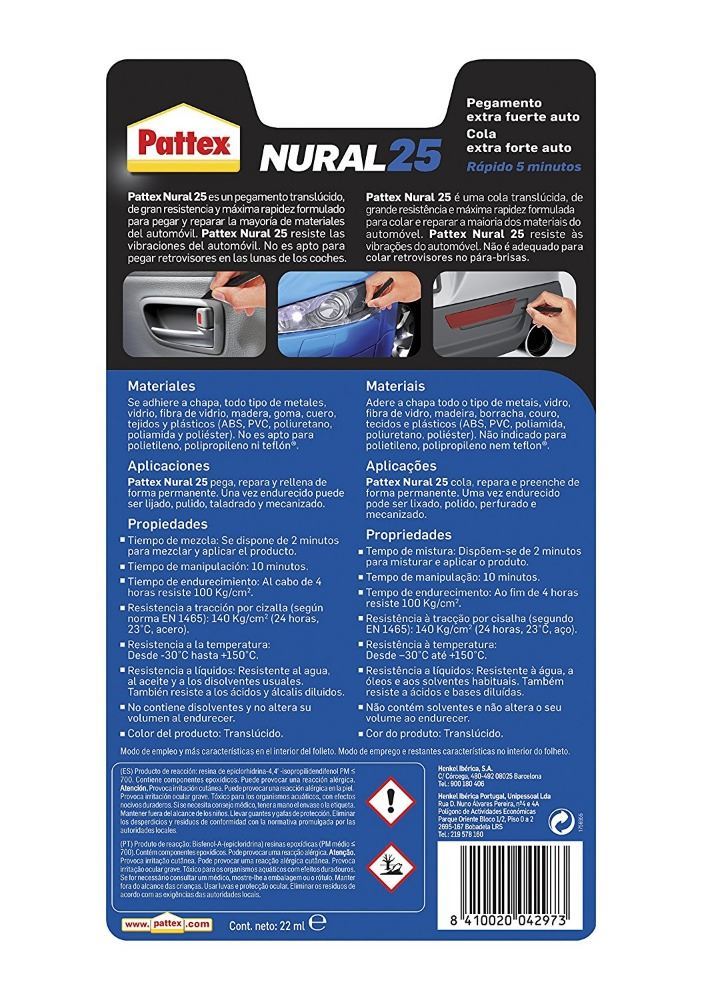 Pattex Nural 25 Pegamento extra fuerte auto, adhesivo resistente para la  mayoría de materiales del automóvil