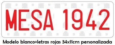 Placa Corta Blanca - Letras Rojas (Blanco con Letras Rojas - 34x11cm)