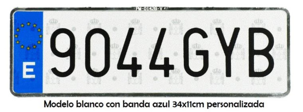 Placa Fondo Blanco - Letras Negras (Blanco con Banda Azul - 34x11cm)