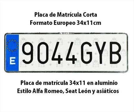 Placa Matrícula Corta Europea Alfa. Aluminio en 34x11cm
