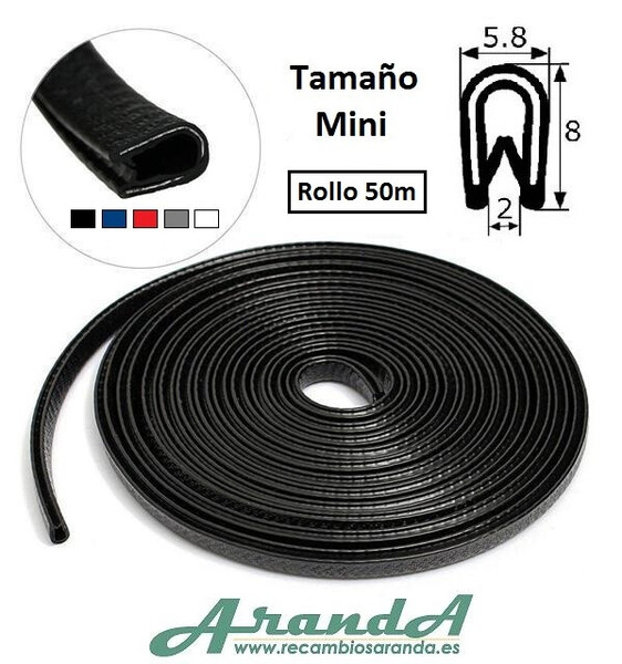 Rollo 50m Burlete 8x5,8mm Pvc Flexible · Interior metálico · Tamaño Mini