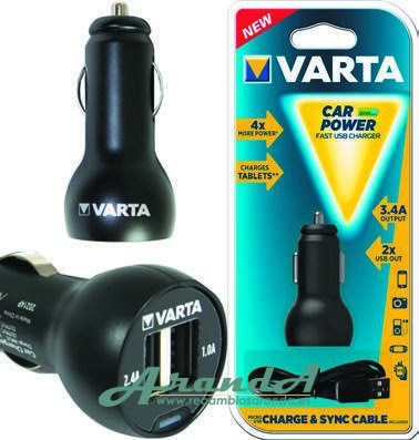 Varta Cargador 2 USB (2,4A y 1A) DC 12V + Cable USB