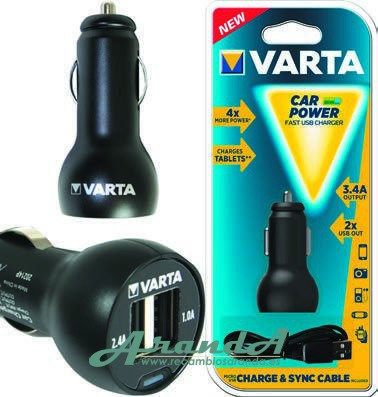 Varta Cargador 2x USB (2,4A y 1A) Dc 12V Cable USB Incluido